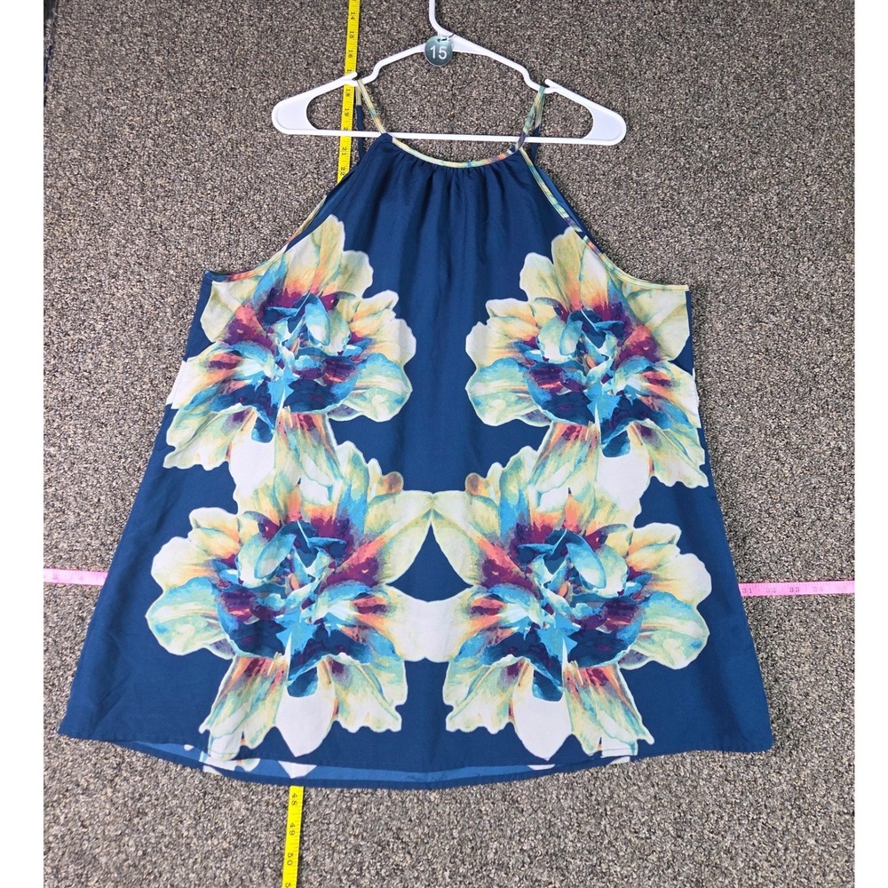 a.n.a Halter Top Women 2X Blue Floral Sleeveless Beaded Keyhole Blouse